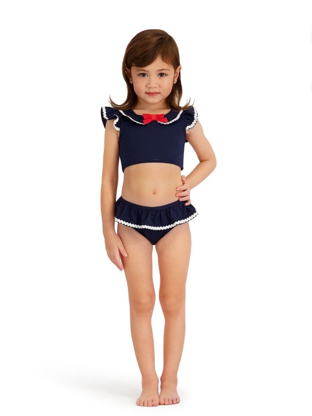 NWT Sperry Girls Preppy Nautical Navy Ruffle Bikini UPF 50+ Peter Pan Collar
